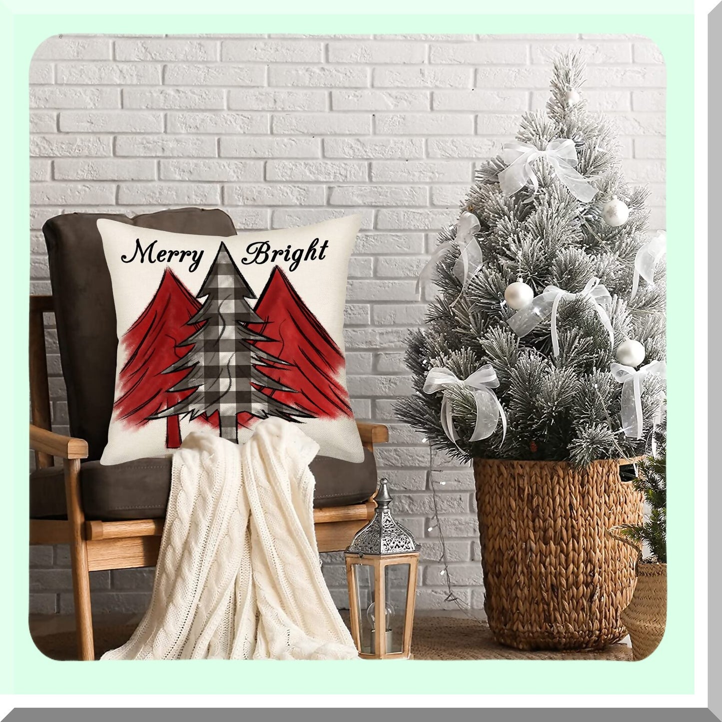 Winter Wonderland Plaid Pillow Covers - Festive Farmhouse Decor for Christmas - Black & White Checked Xmas Tree Cushion Cases - 18x18 Inch Cotton Linen Outdoor Throw Pillows