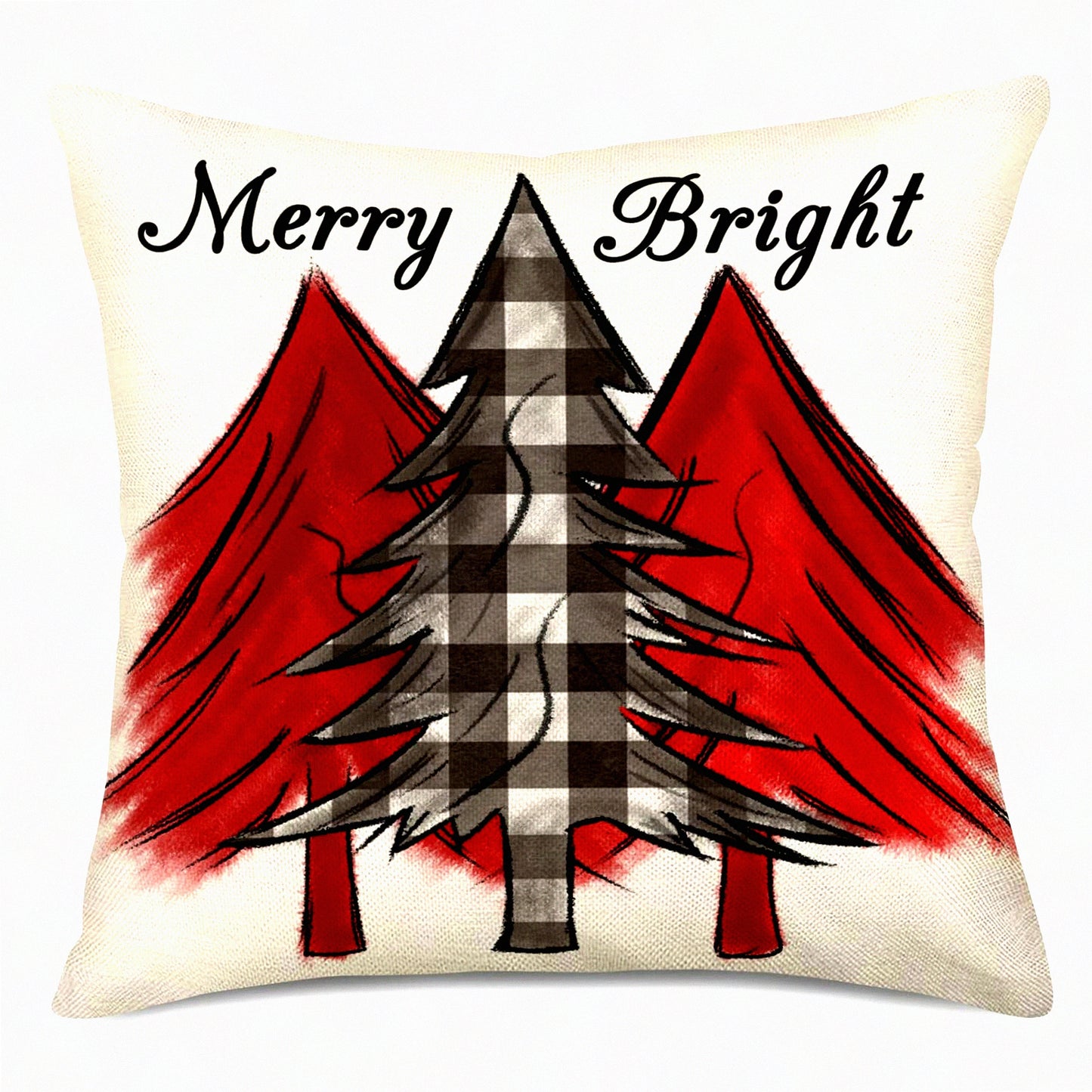 Winter Wonderland Plaid Pillow Covers - Festive Farmhouse Decor for Christmas - Black & White Checked Xmas Tree Cushion Cases - 18x18 Inch Cotton Linen Outdoor Throw Pillows
