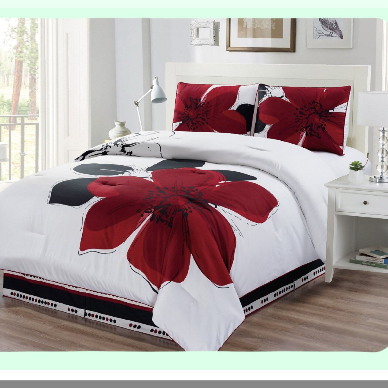 Luxury Reversible Comforter Set - Queen Size - Burgundy Red, Black, White, Grey - Soft Down Alternative Bedding - 4-Piece Fine Printed