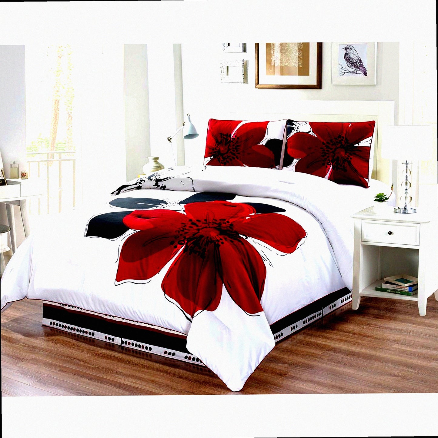 Luxury Reversible Comforter Set - Queen Size - Burgundy Red, Black, White, Grey - Soft Down Alternative Bedding - 4-Piece Fine Printed