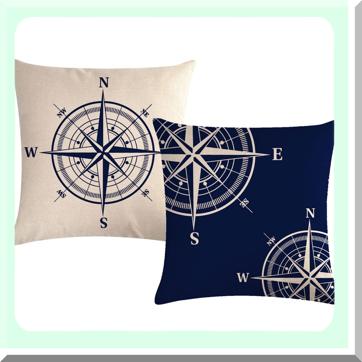 Nautical Navy Blue Coastal Throw Pillow Set - Sailing Comp Cushion Covers for Beach House Decor - Sofa Couch Patio Pillowcases 18x18