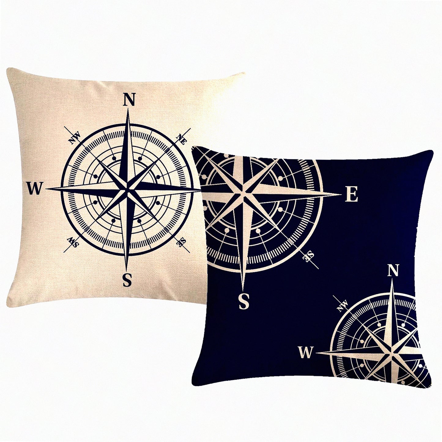 Nautical Navy Blue Coastal Throw Pillow Set - Sailing Comp Cushion Covers for Beach House Decor - Sofa Couch Patio Pillowcases 18x18
