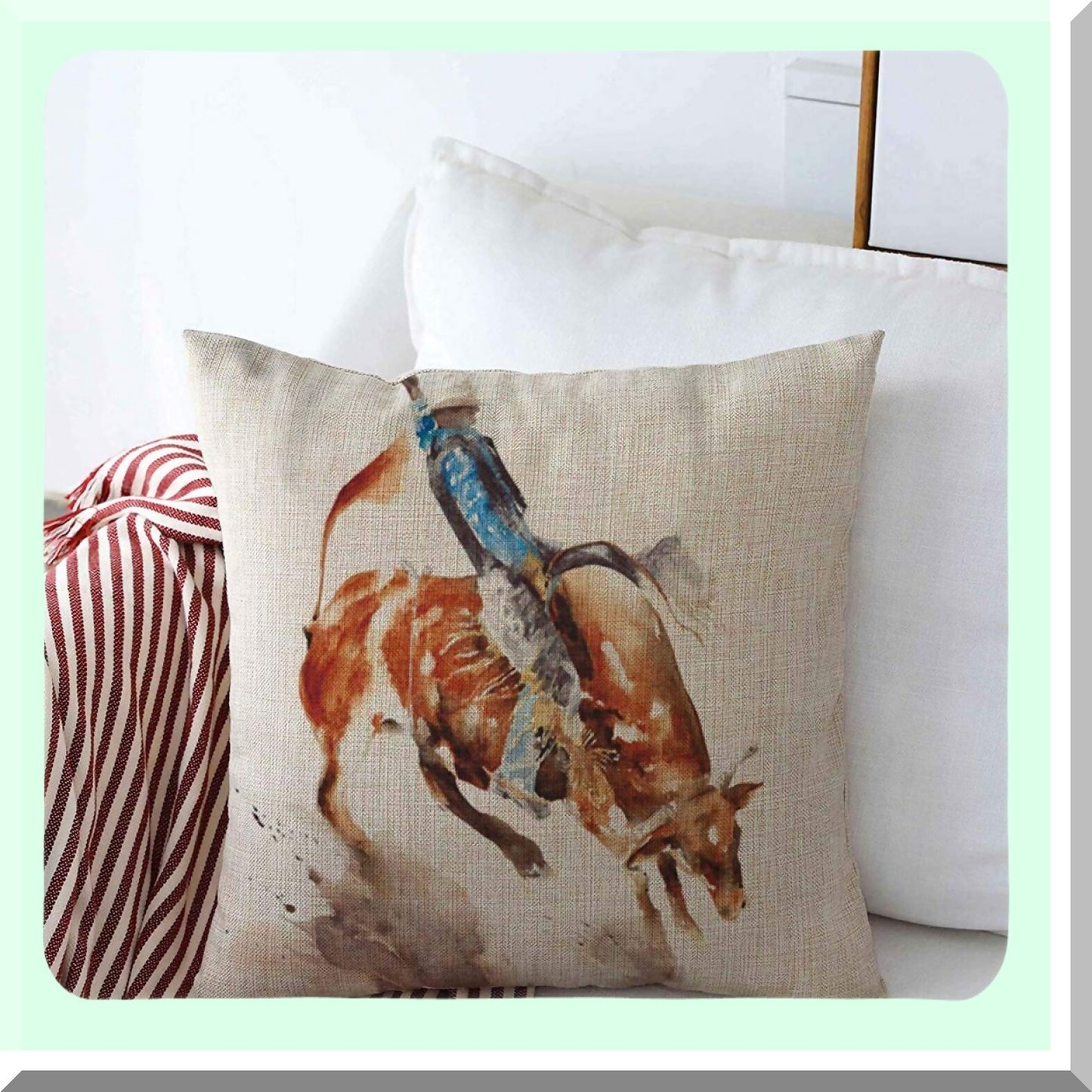 Wild West Rodeo Bull Throw Pillow Cover - 18x18 Inches Brown Watercolor Cowboy Horse Country Nature Cushion Case for Fall Home Decor - Western Sports Recreation Ride Cotton Linen