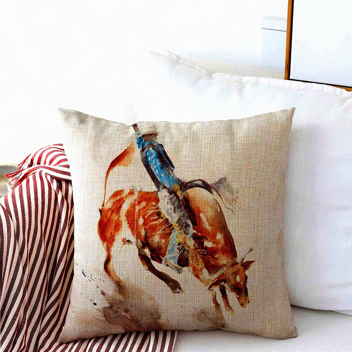 Wild West Rodeo Bull Throw Pillow Cover - 18x18 Inches Brown Watercolor Cowboy Horse Country Nature Cushion Case for Fall Home Decor - Western Sports Recreation Ride Cotton Linen