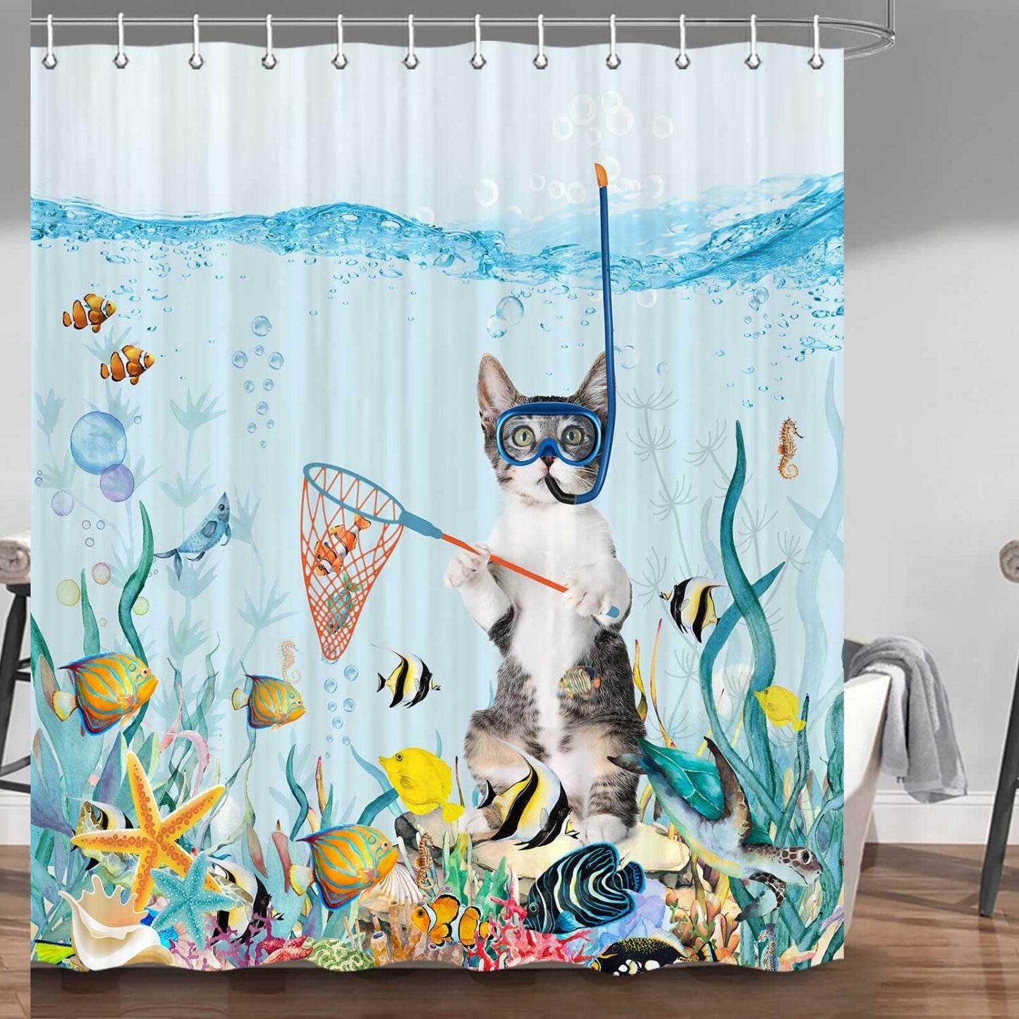 Funny Cat Ocean Fish Shower Curtain 72x72inch