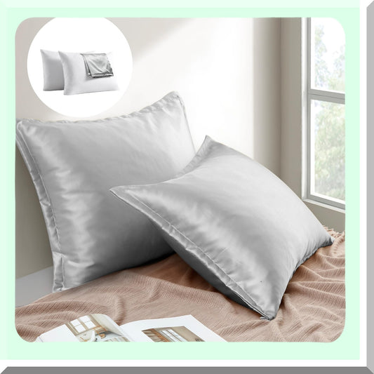 Luxury Silk Cotton Down Pillows - Set of 2, Queen Size with Hidden Zipper Pillowcases for Hair Care, Light Grey Bedding Essentials