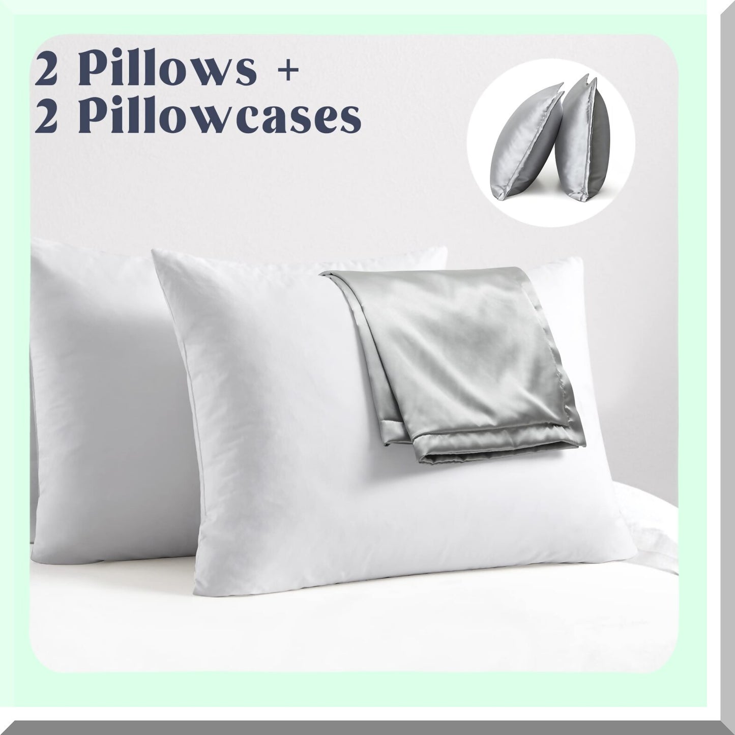 Luxury Silk Cotton Down Pillows - Set of 2, Queen Size with Hidden Zipper Pillowcases for Hair Care, Light Grey Bedding Essentials