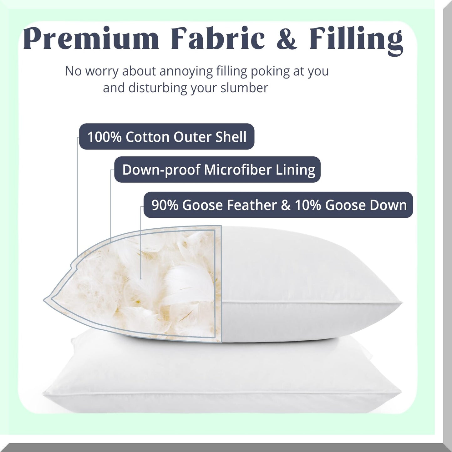 Luxury Silk Cotton Down Pillows - Set of 2, Queen Size with Hidden Zipper Pillowcases for Hair Care, Light Grey Bedding Essentials