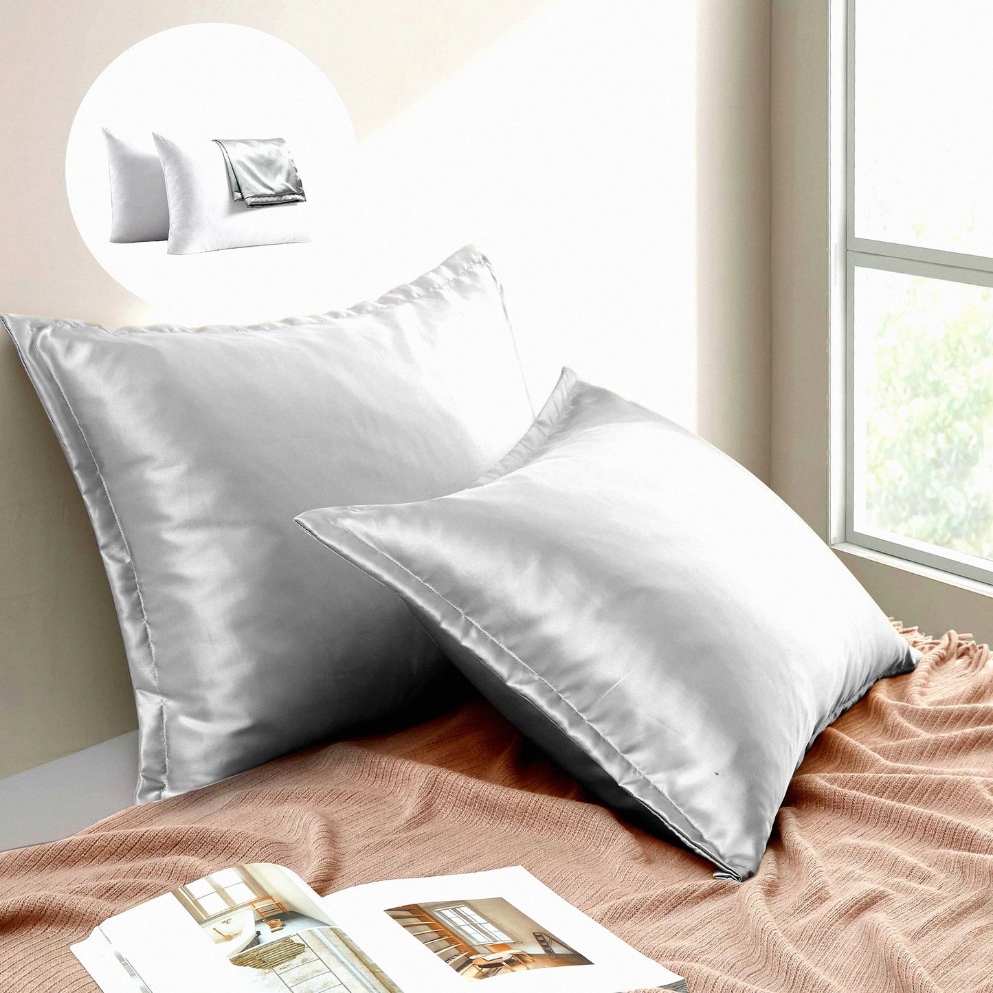 Luxury Silk Cotton Down Pillows - Set of 2, Queen Size with Hidden Zipper Pillowcases for Hair Care, Light Grey Bedding Essentials