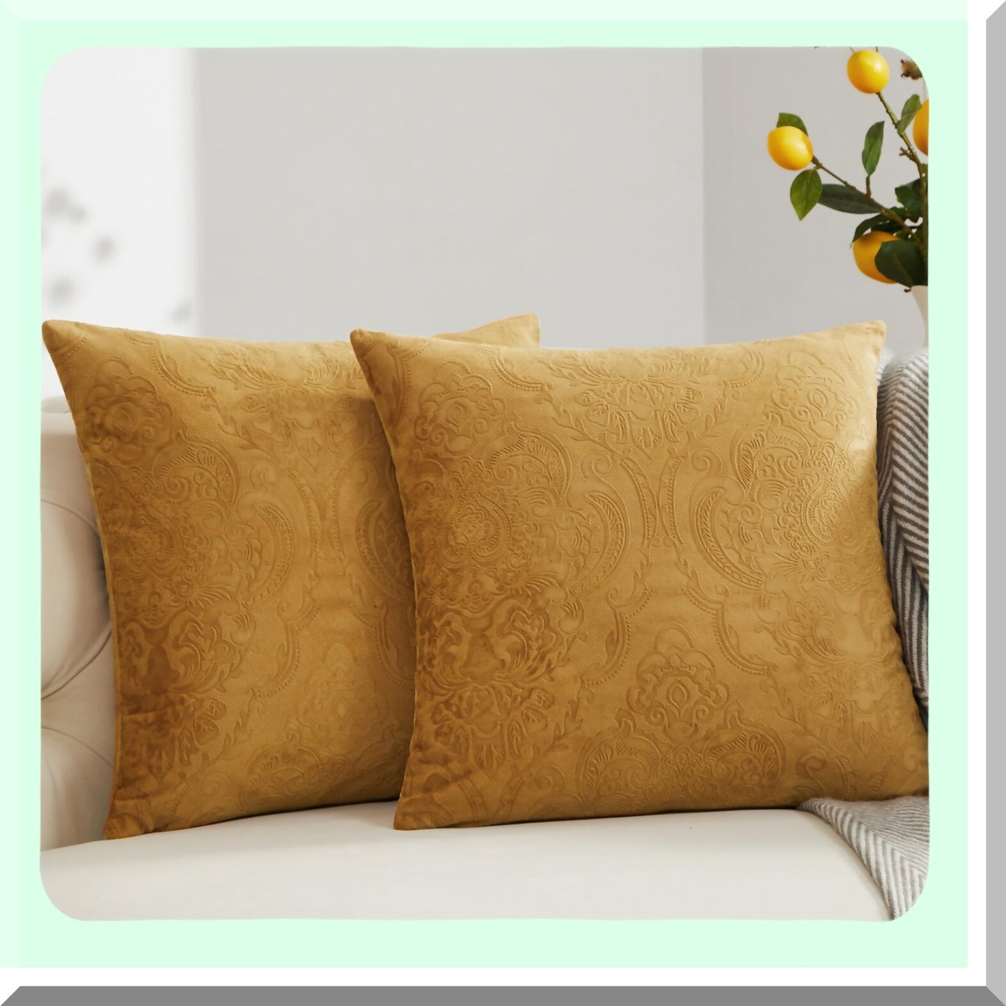 Luxury Velvet Flower Embossed Pillow Covers - Pack of 2 Brown Gold Decorative Throw Pillows 18x18 for Couch Sofa - Soft Pillowcase