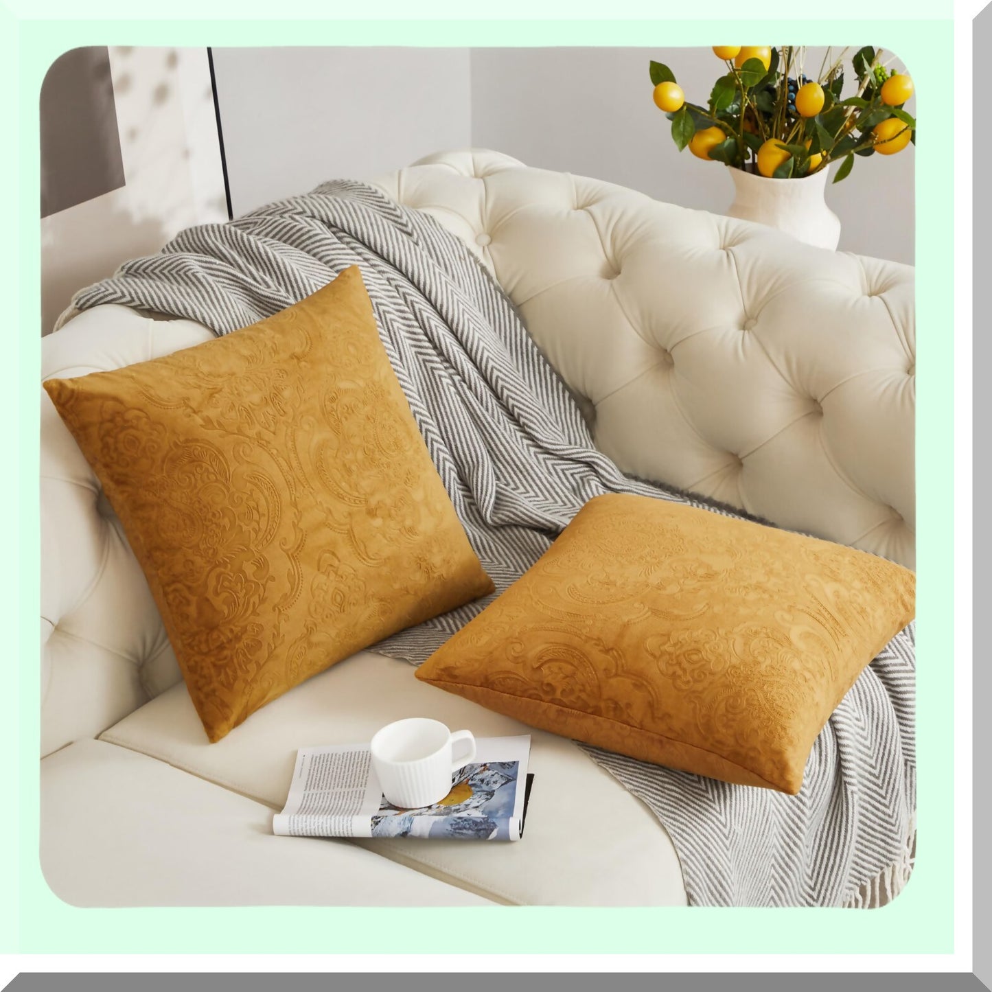 Luxury Velvet Flower Embossed Pillow Covers - Pack of 2 Brown Gold Decorative Throw Pillows 18x18 for Couch Sofa - Soft Pillowcase