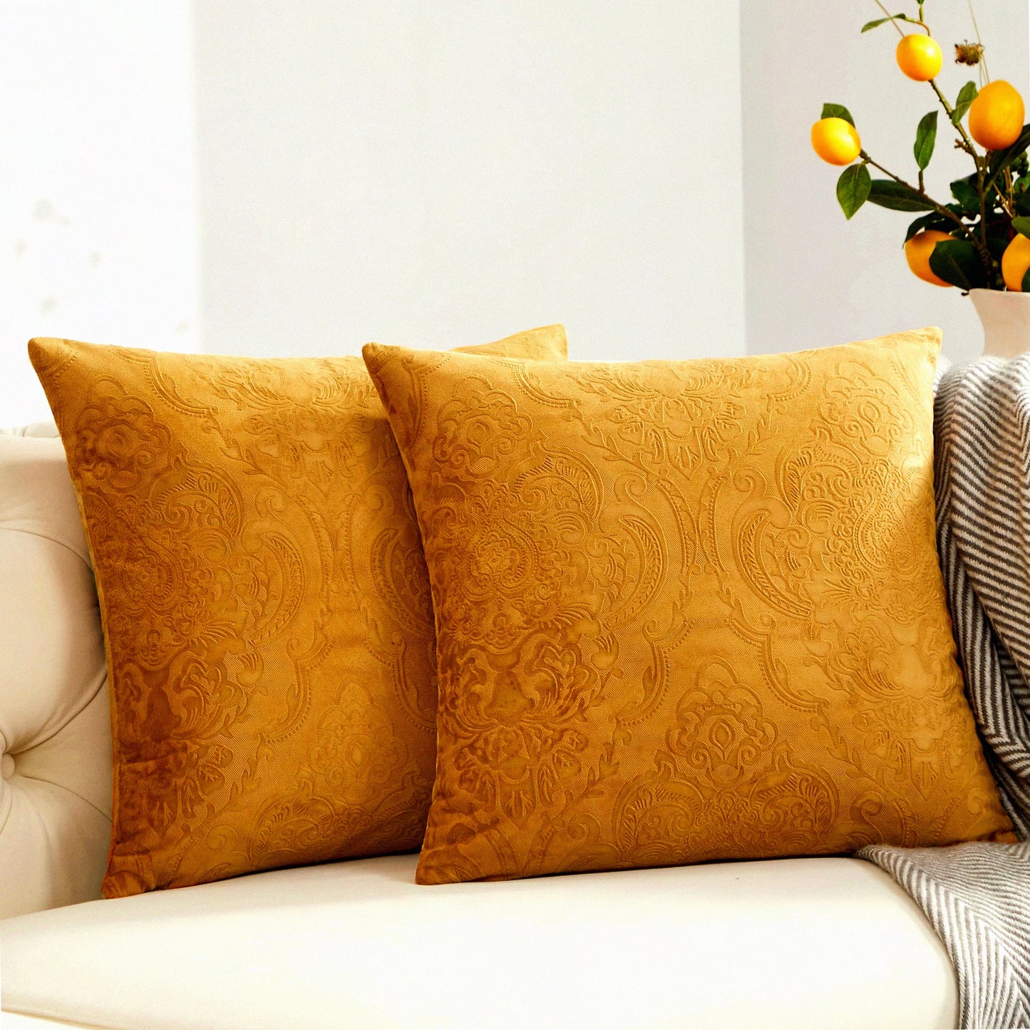 Luxury Velvet Flower Embossed Pillow Covers - Pack of 2 Brown Gold Decorative Throw Pillows 18x18 for Couch Sofa - Soft Pillowcase