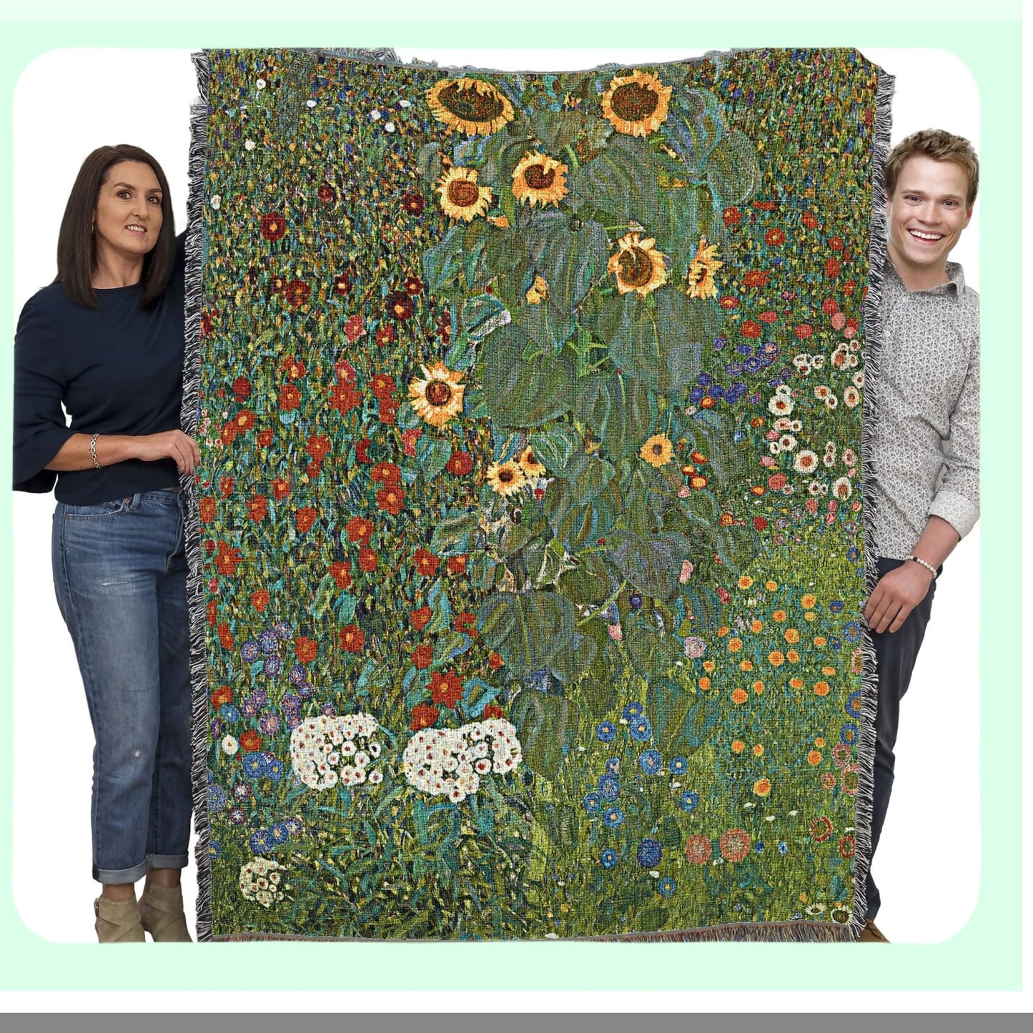 Sunflower Serenity: Gustav Klimt Cotton Tapestry Blanket - Fine Art Garden Throw, Made in USA (72x54)
