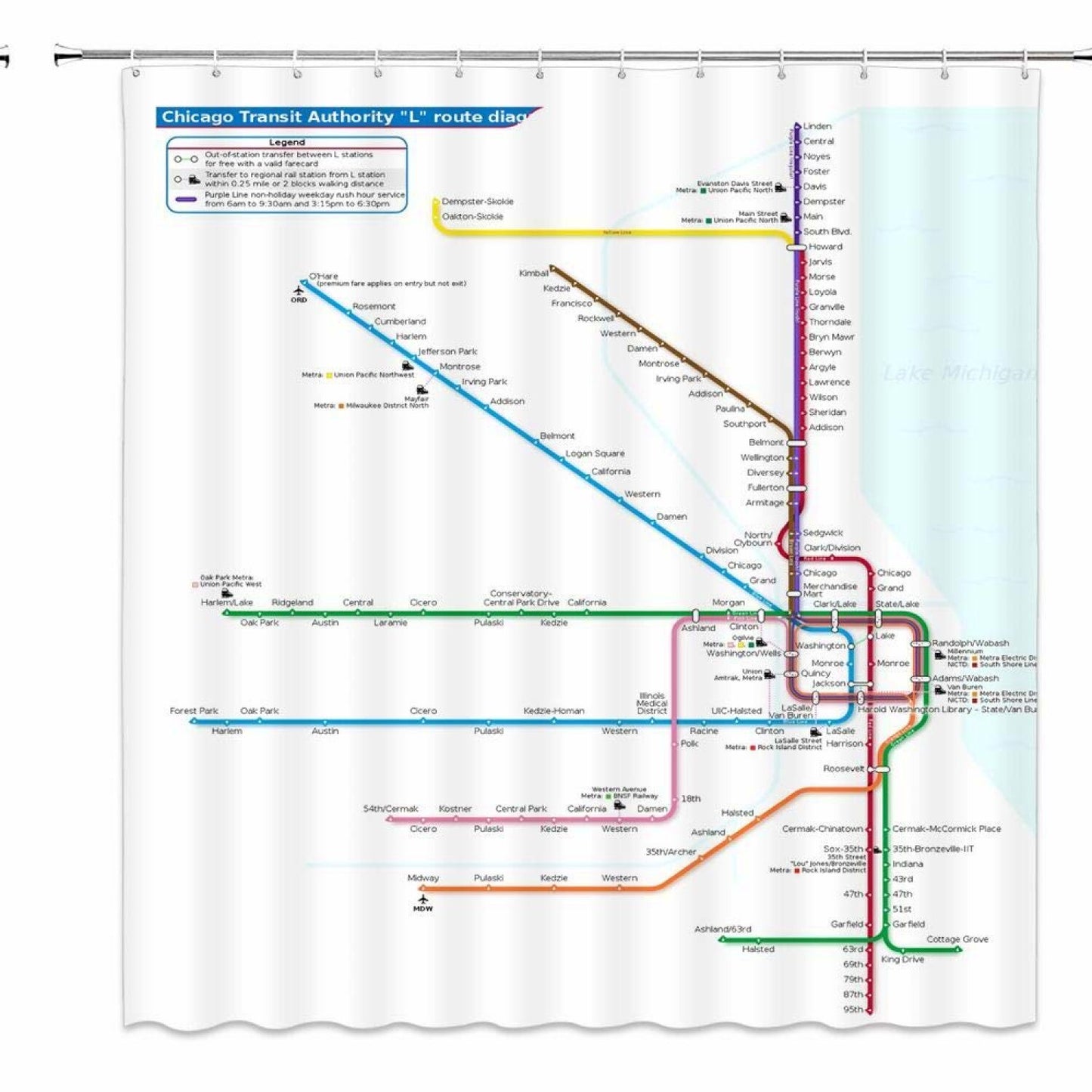 Subway Map Shower Curtain Chicago 70x70 Inch White