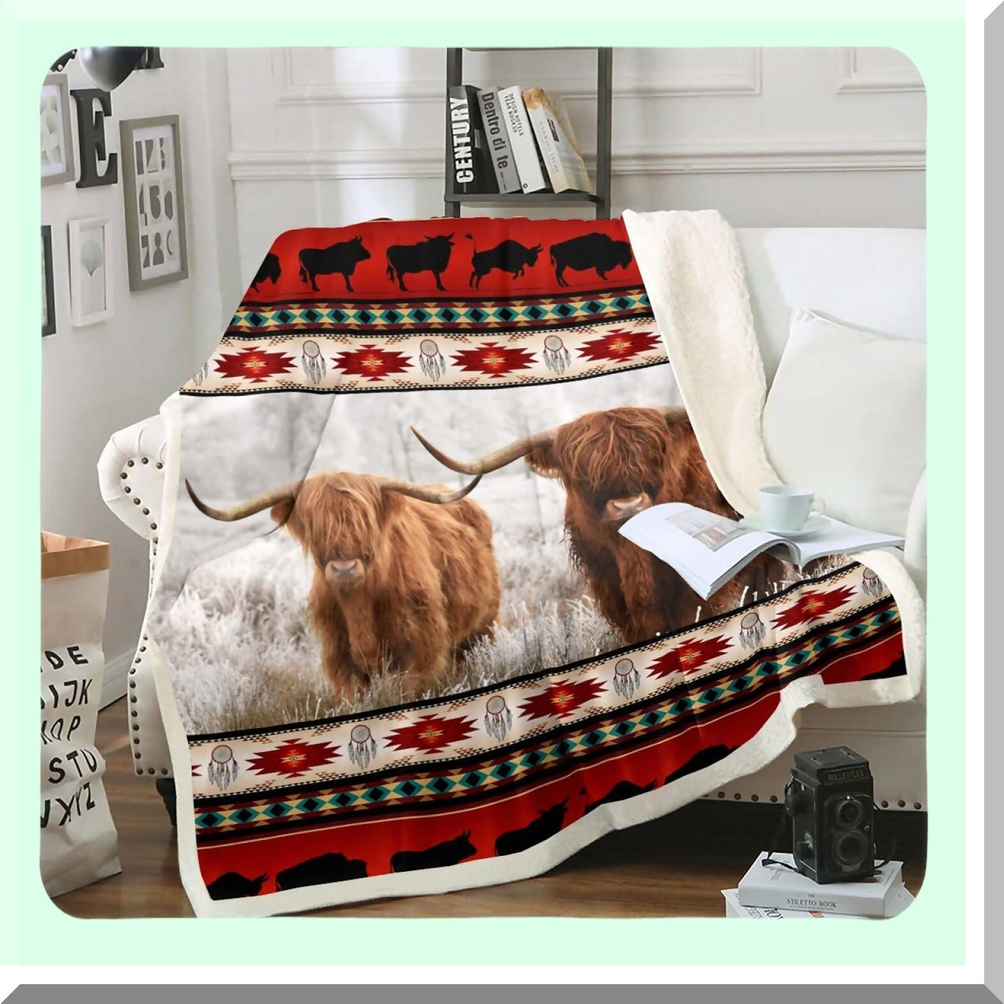 Nordic Dreamcatcher Highland Cow Fleece Throw - Ethnic Tribal Geometry Decor Blanket 50"x60"