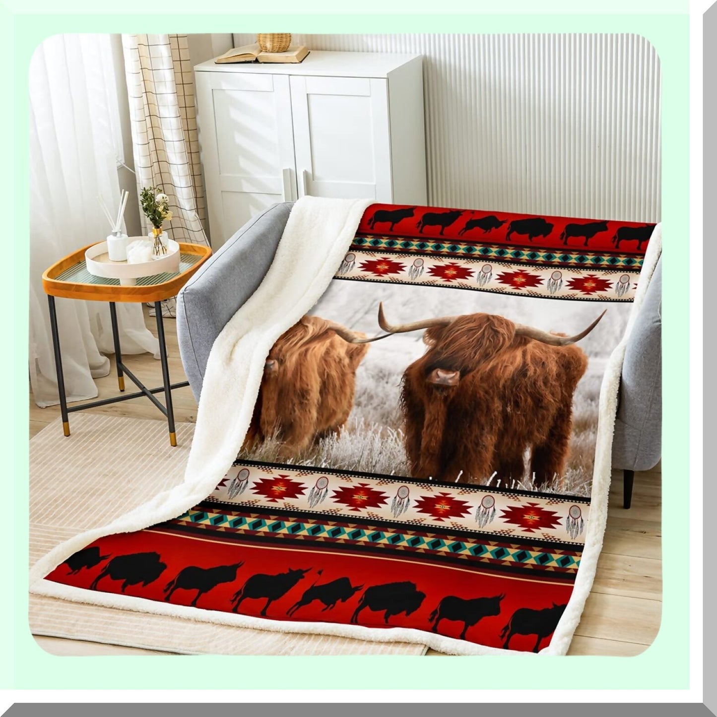 Nordic Dreamcatcher Highland Cow Fleece Throw - Ethnic Tribal Geometry Decor Blanket 50"x60"