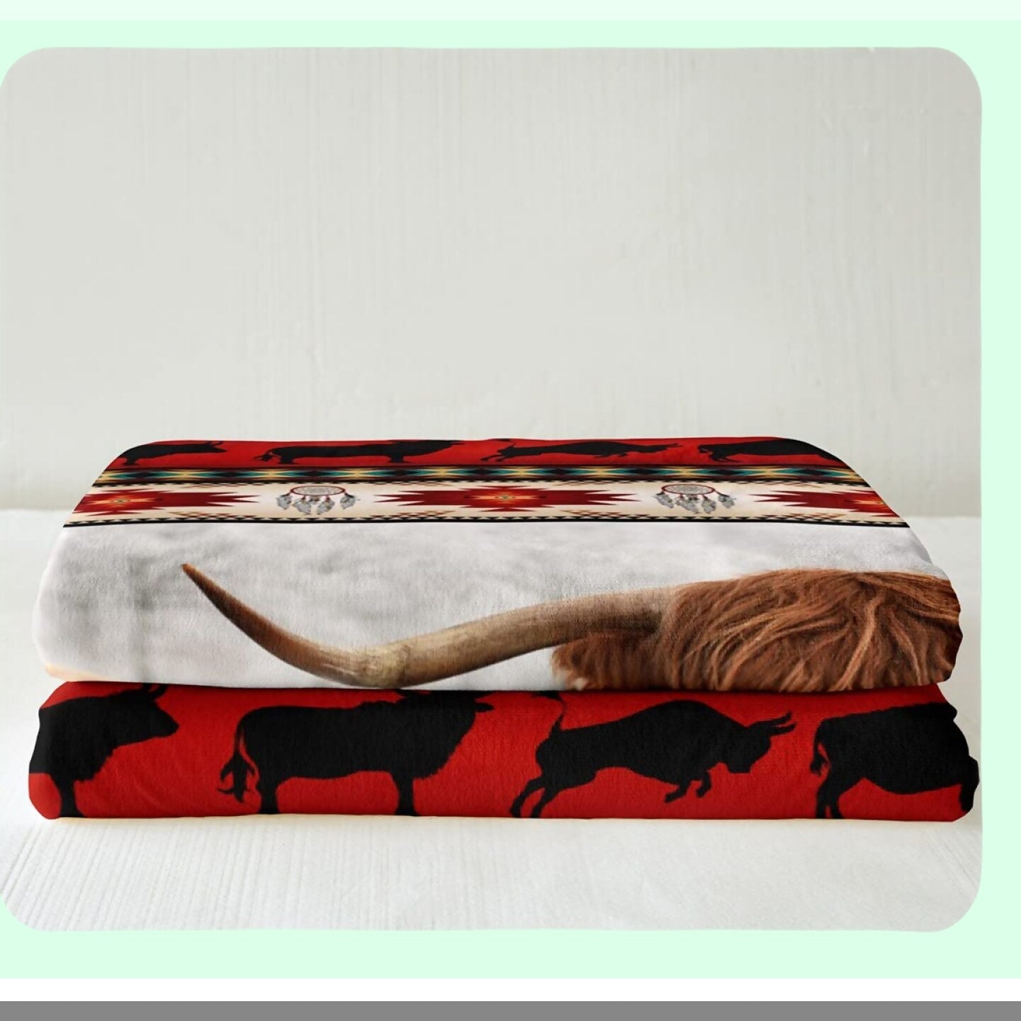 Nordic Dreamcatcher Highland Cow Fleece Throw - Ethnic Tribal Geometry Decor Blanket 50"x60"