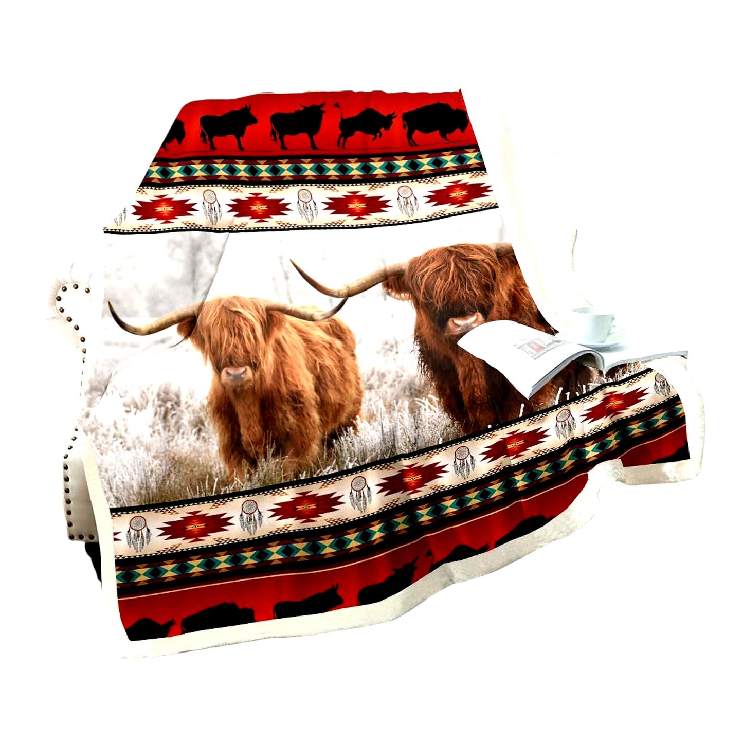 Nordic Dreamcatcher Highland Cow Fleece Throw - Ethnic Tribal Geometry Decor Blanket 50"x60"