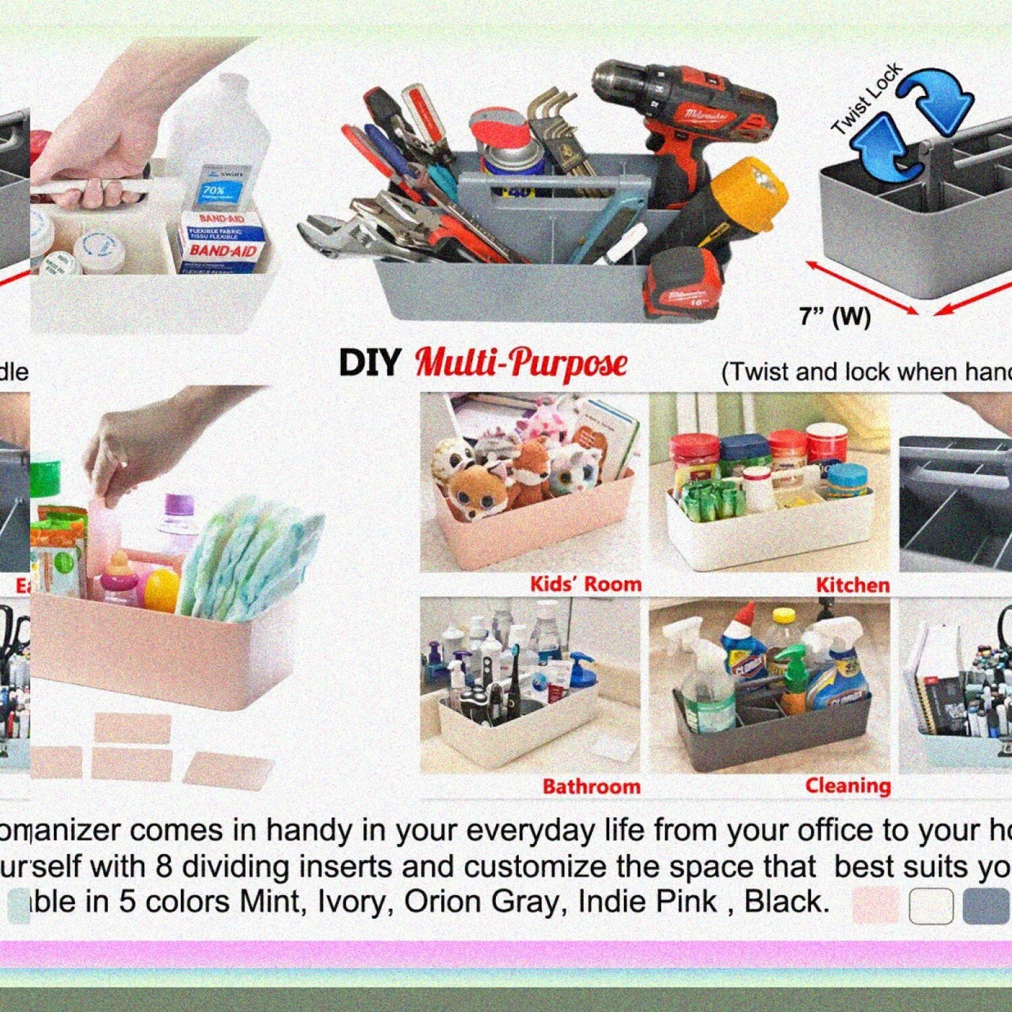 Large Portable Caddy with 8 Compartments and Handle