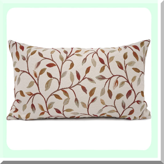 Chenille Floral Embroidery Lumbar Pillowcase - Farmhouse Brown Leaves Decorative Throw Cushion Cover for Sofa, Oblong Rectangle 12 x 20 Inch