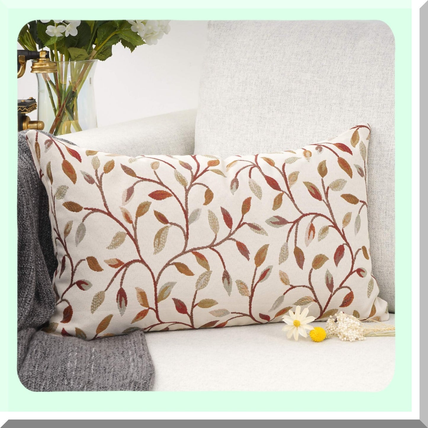 Chenille Floral Embroidery Lumbar Pillowcase - Farmhouse Brown Leaves Decorative Throw Cushion Cover for Sofa, Oblong Rectangle 12 x 20 Inch