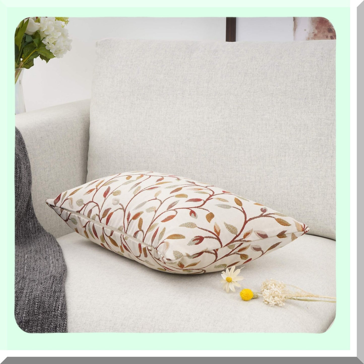 Chenille Floral Embroidery Lumbar Pillowcase - Farmhouse Brown Leaves Decorative Throw Cushion Cover for Sofa, Oblong Rectangle 12 x 20 Inch