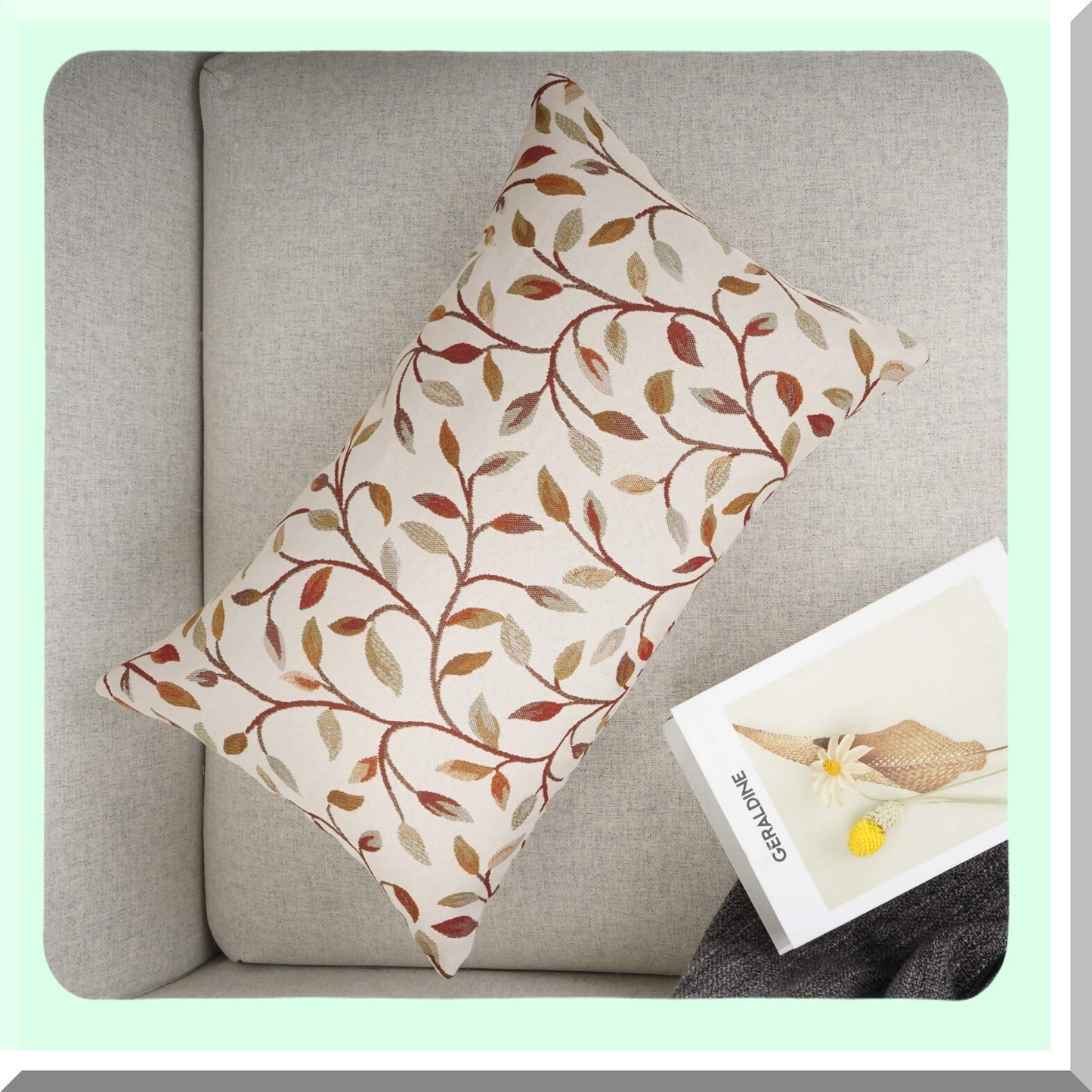 Chenille Floral Embroidery Lumbar Pillowcase - Farmhouse Brown Leaves Decorative Throw Cushion Cover for Sofa, Oblong Rectangle 12 x 20 Inch