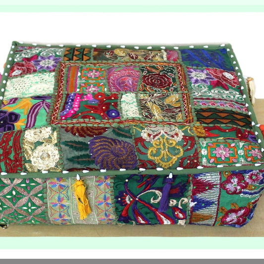 Square Embroidered Patchwork Pouf Cover - Traditional Living Room Decor Ottoman - Designer Footstool Chair Cover - Light Green - 22x22x5 Inches