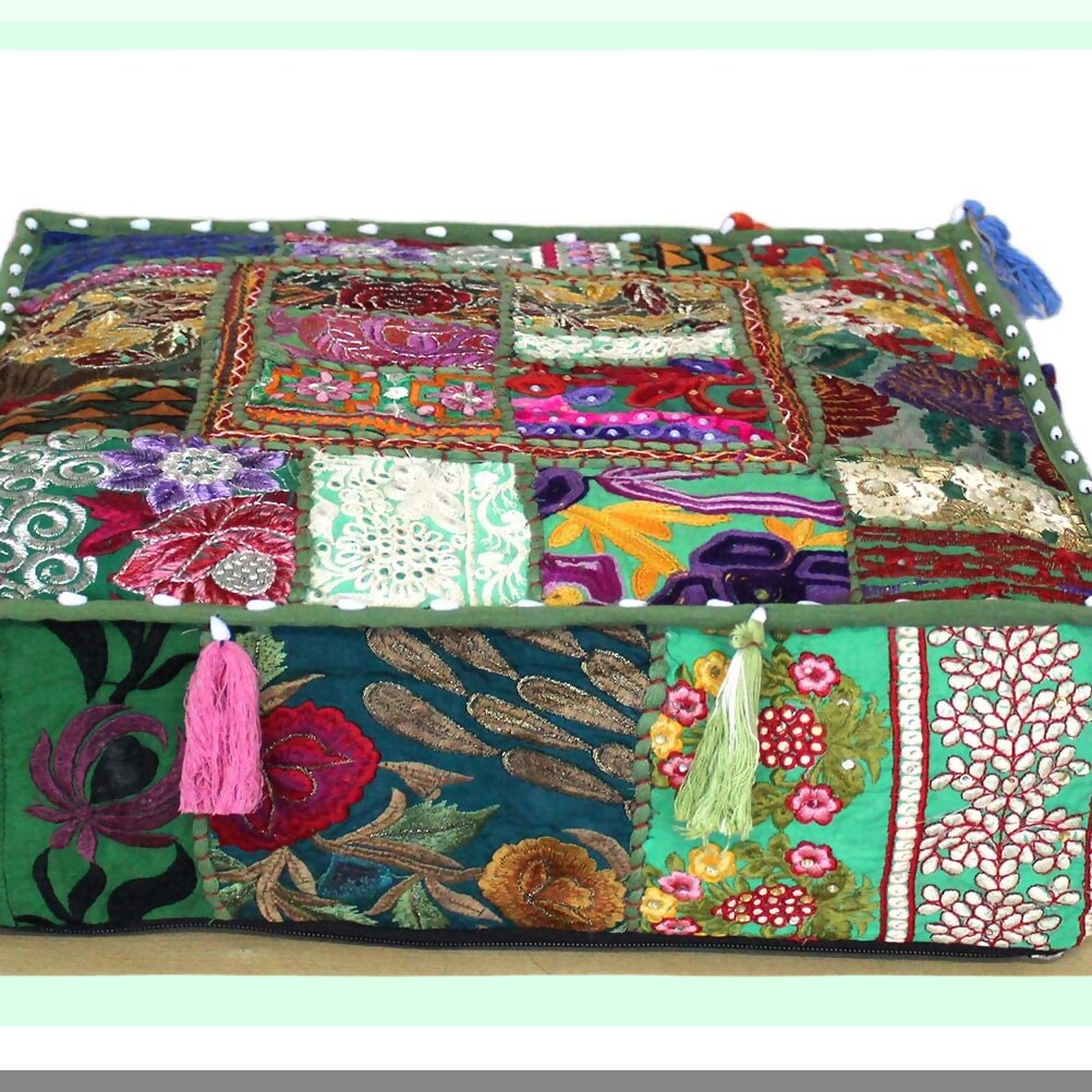 Square Embroidered Patchwork Pouf Cover - Traditional Living Room Decor Ottoman - Designer Footstool Chair Cover - Light Green - 22x22x5 Inches