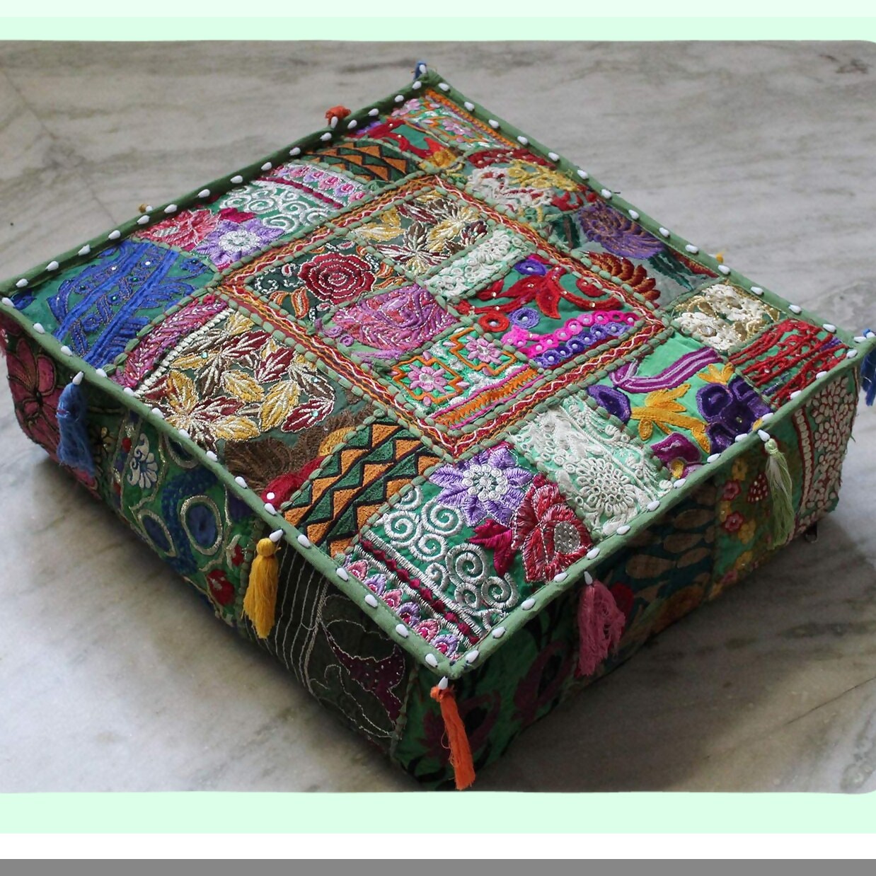 Square Embroidered Patchwork Pouf Cover - Traditional Living Room Decor Ottoman - Designer Footstool Chair Cover - Light Green - 22x22x5 Inches
