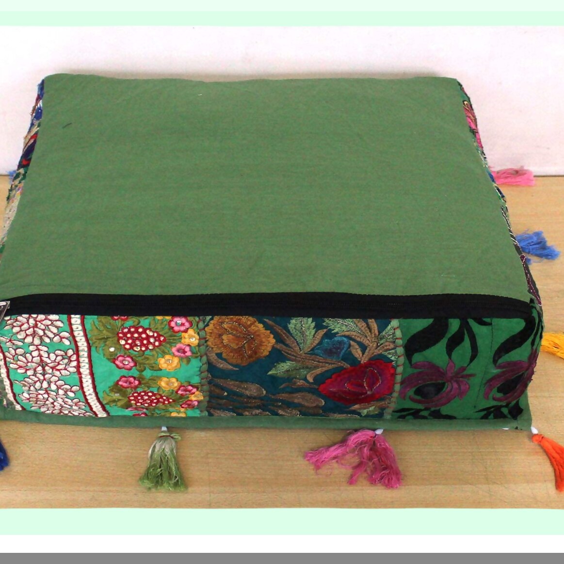 Square Embroidered Patchwork Pouf Cover - Traditional Living Room Decor Ottoman - Designer Footstool Chair Cover - Light Green - 22x22x5 Inches