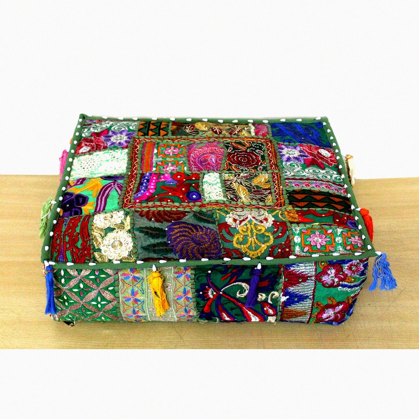 Square Embroidered Patchwork Pouf Cover - Traditional Living Room Decor Ottoman - Designer Footstool Chair Cover - Light Green - 22x22x5 Inches