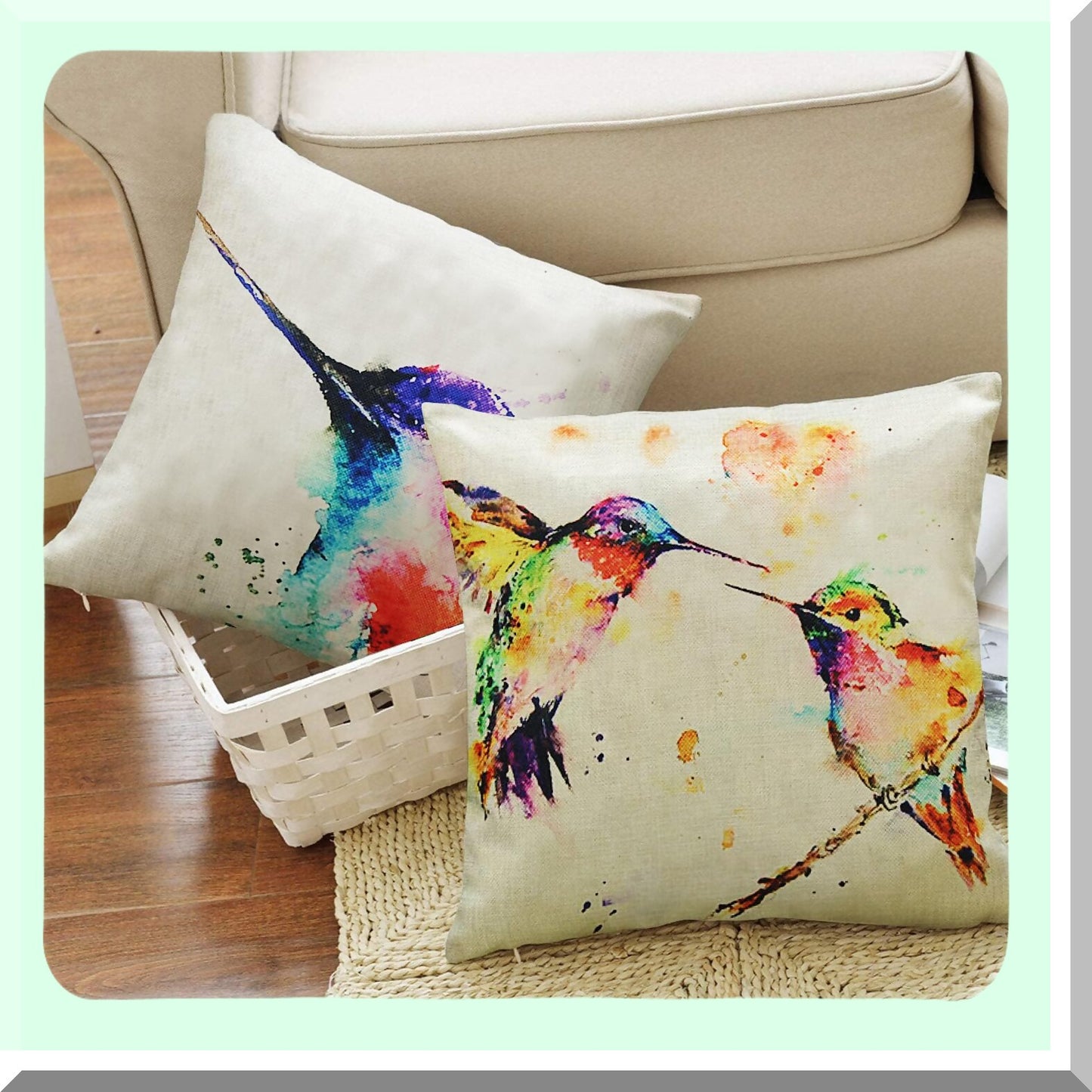 Hummingbird Haven Outdoor Pillow Covers - Set of 4, Tropical Spring Decorative Cushion Cases for Patio Furniture, Watercolor Birds Floral Summer Design