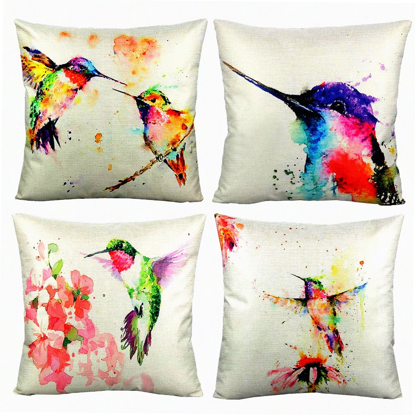 Hummingbird Haven Outdoor Pillow Covers - Set of 4, Tropical Spring Decorative Cushion Cases for Patio Furniture, Watercolor Birds Floral Summer Design