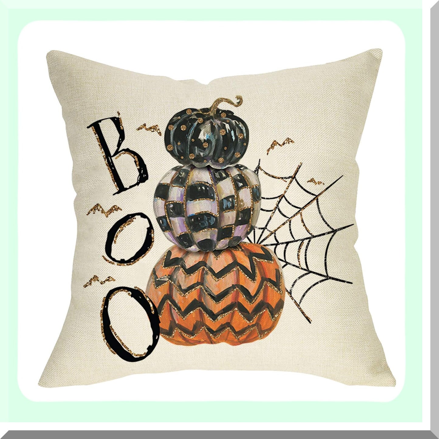 Plaid Pumpkins Spider Web Bat Decor Pillowcase - Autumn Home Decoration - Fall Holiday Cushion Cover - Sofa Couch 18x18 Cotton Linen - Boo Decorative Throw Pillow