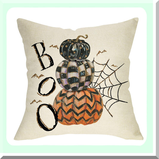 Plaid Pumpkins Spider Web Bat Decor Pillowcase - Autumn Home Decoration - Fall Holiday Cushion Cover - Sofa Couch 18x18 Cotton Linen - Boo Decorative Throw Pillow