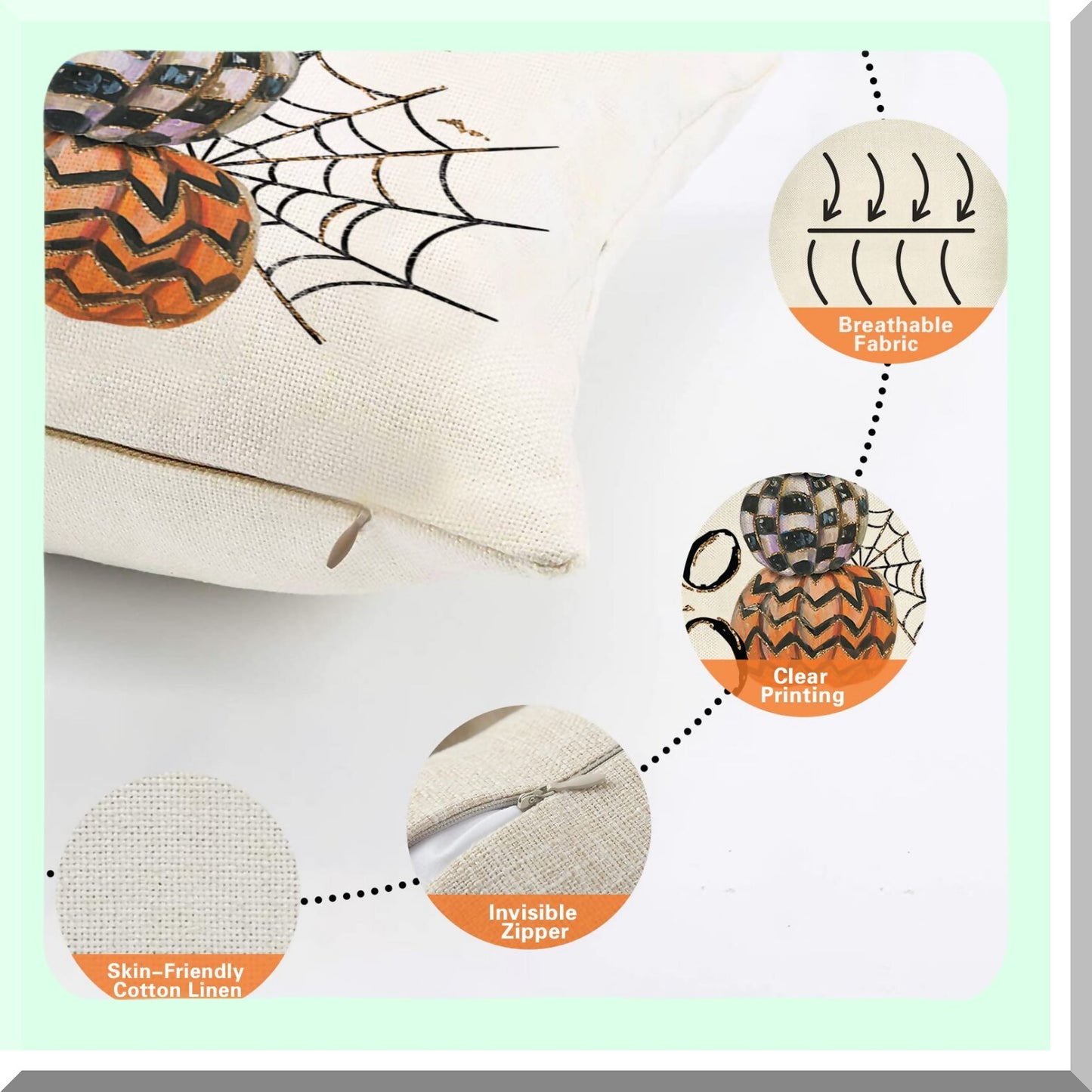 Plaid Pumpkins Spider Web Bat Decor Pillowcase - Autumn Home Decoration - Fall Holiday Cushion Cover - Sofa Couch 18x18 Cotton Linen - Boo Decorative Throw Pillow