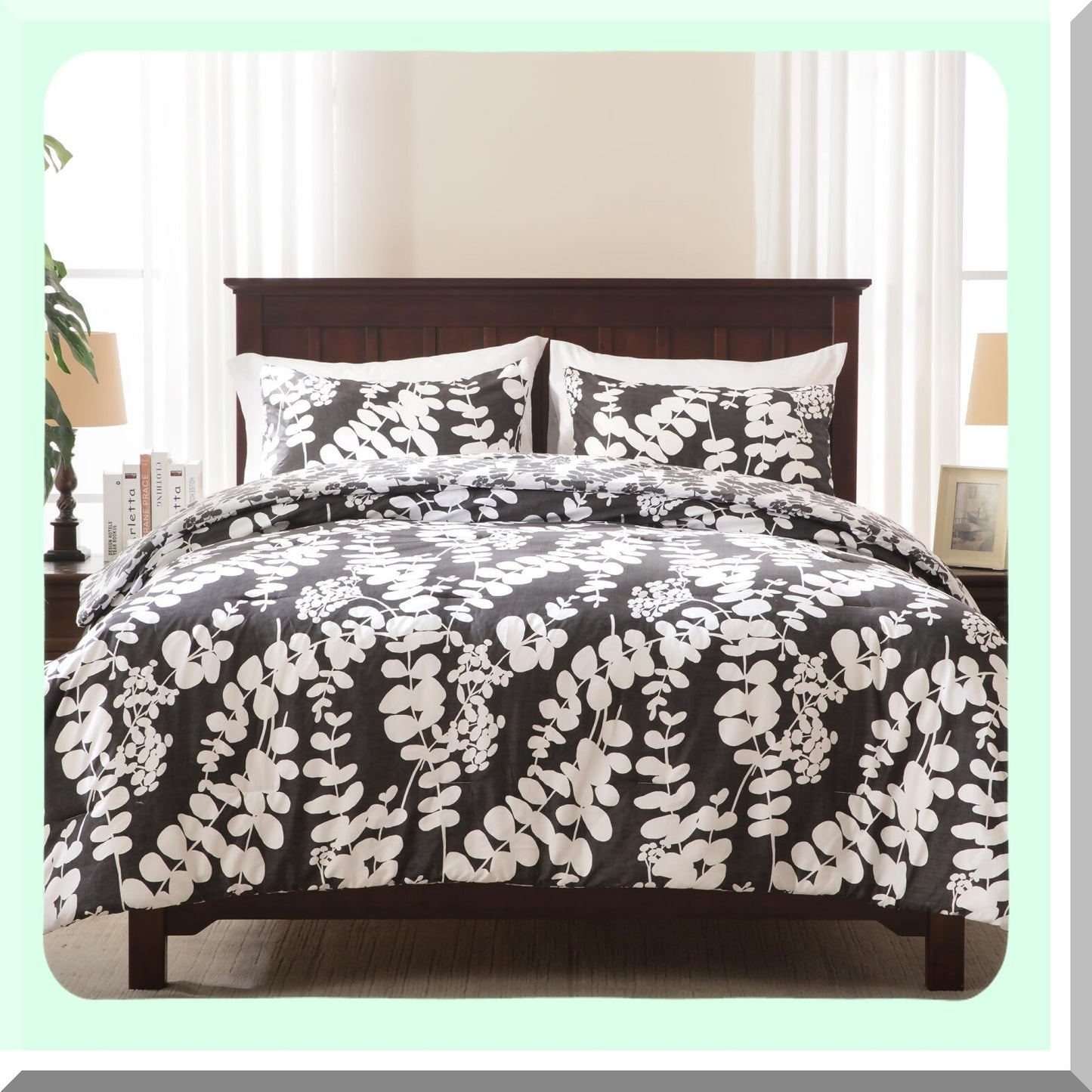 Breathable Floral Comforter Set - Lightweight All Season Farmhouse Bedding with Matching Shams - Cal Black 3 Piece Reversible Microfiber Comforters