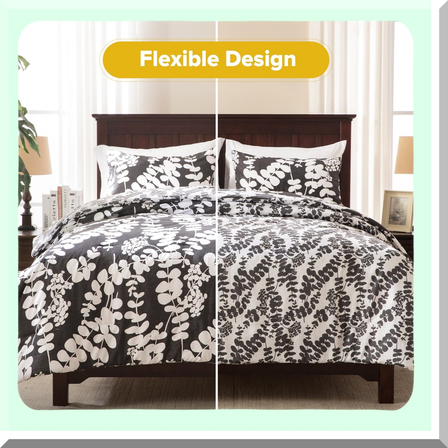 Breathable Floral Comforter Set - Lightweight All Season Farmhouse Bedding with Matching Shams - Cal Black 3 Piece Reversible Microfiber Comforters