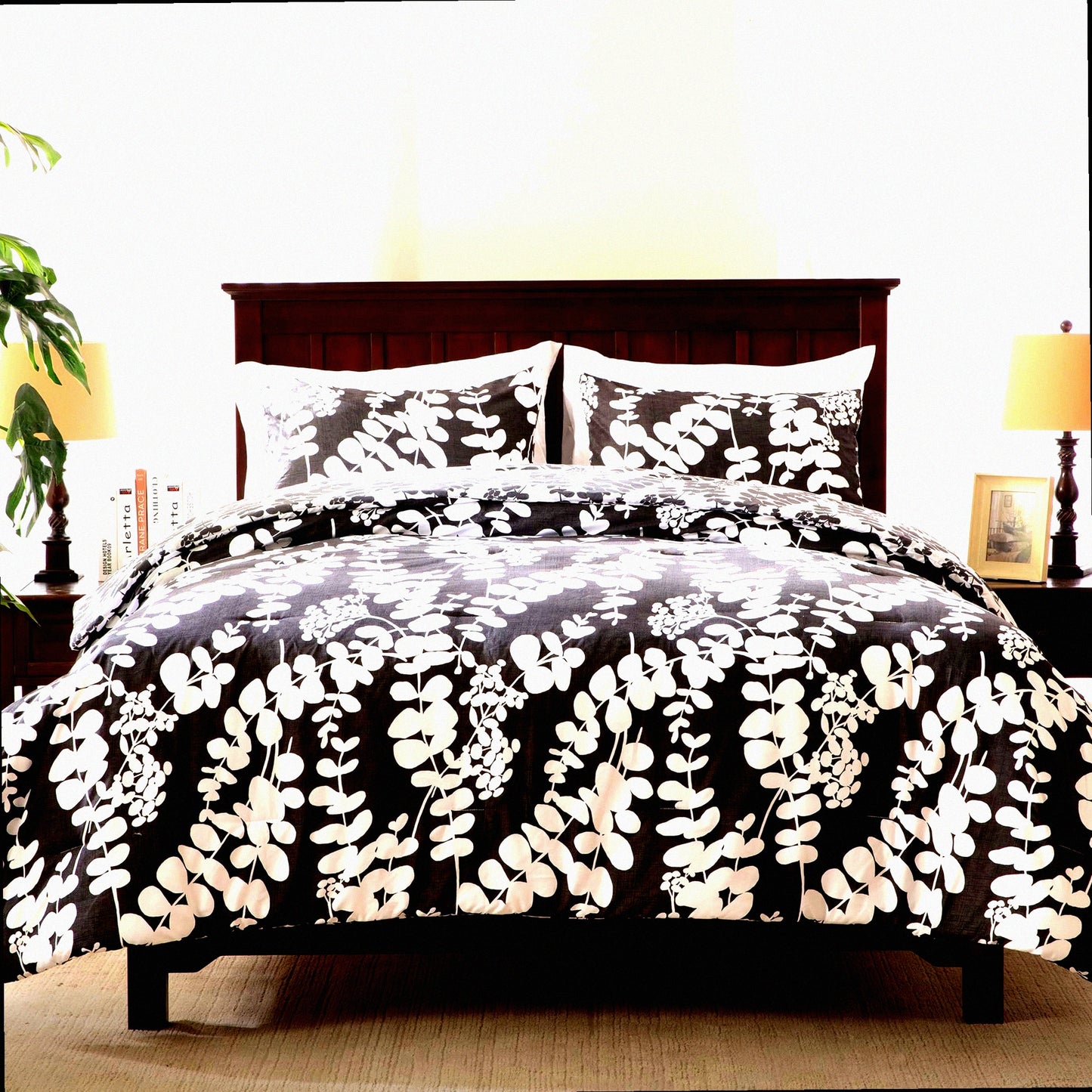Breathable Floral Comforter Set - Lightweight All Season Farmhouse Bedding with Matching Shams - Cal Black 3 Piece Reversible Microfiber Comforters
