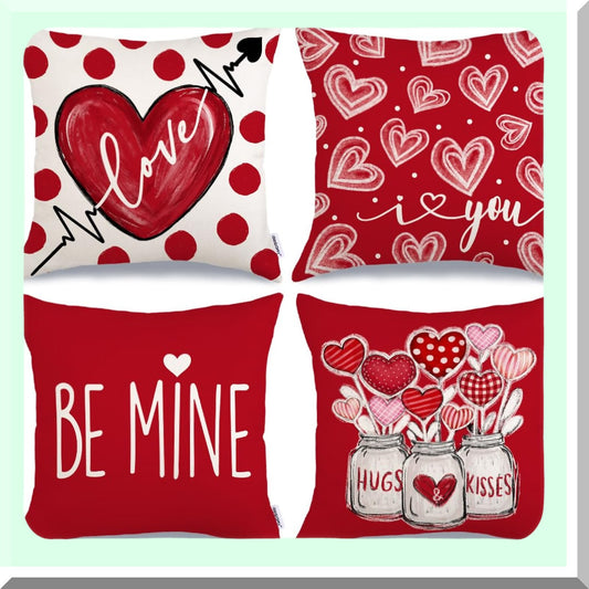 Valentine's Day Decorative Pillow Covers Set - Red Polka Dots Hearts Mason Jars Be Mine - Home Sofa Couch Cushion Decoration - 18 x 18 Inch - Pack of 4