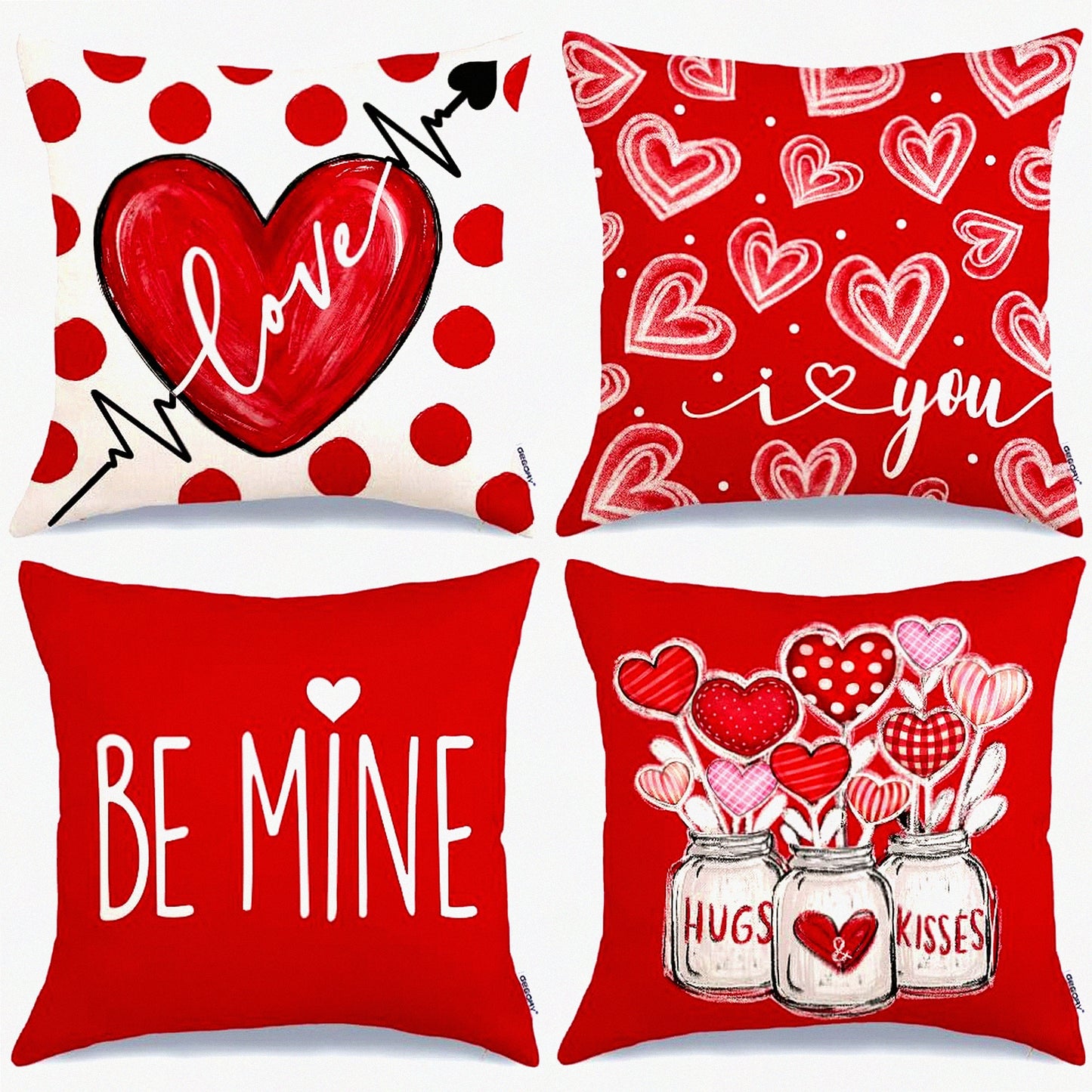 Valentine's Day Decorative Pillow Covers Set - Red Polka Dots Hearts Mason Jars Be Mine - Home Sofa Couch Cushion Decoration - 18 x 18 Inch - Pack of 4