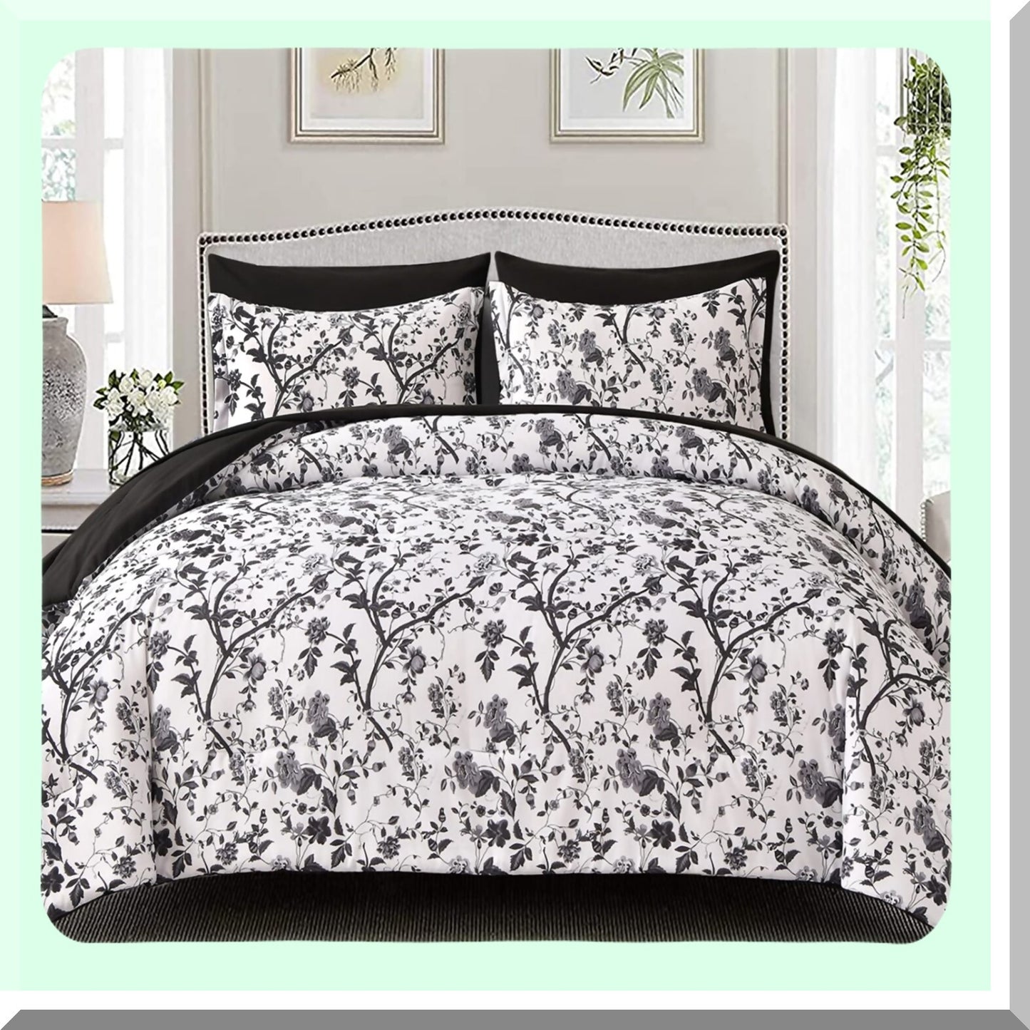 Luxury Floral Black Leaves Queen Bed Set - 7 Piece Soft Microfiber Comforter Set with Sheets, All Seasons Spring Queen Comforter Set - White & Black