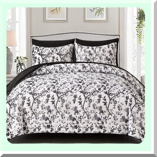 Luxury Floral Black Leaves Queen Bed Set - 7 Piece Soft Microfiber Comforter Set with Sheets, All Seasons Spring Queen Comforter Set - White & Black
