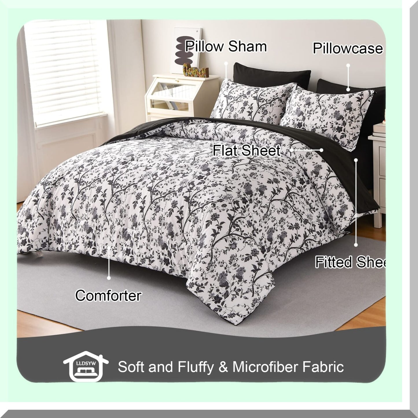 Luxury Floral Black Leaves Queen Bed Set - 7 Piece Soft Microfiber Comforter Set with Sheets, All Seasons Spring Queen Comforter Set - White & Black