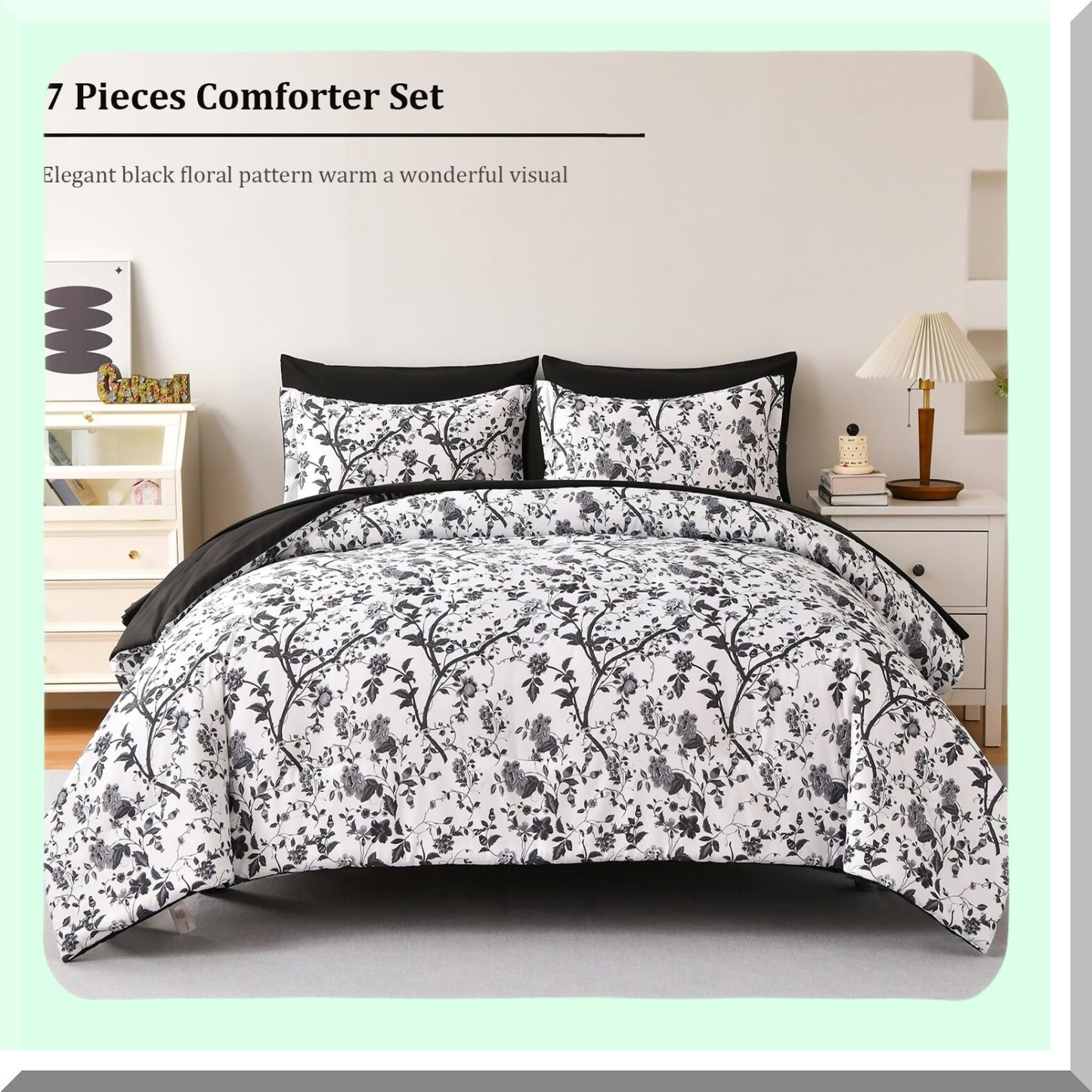 Luxury Floral Black Leaves Queen Bed Set - 7 Piece Soft Microfiber Comforter Set with Sheets, All Seasons Spring Queen Comforter Set - White & Black