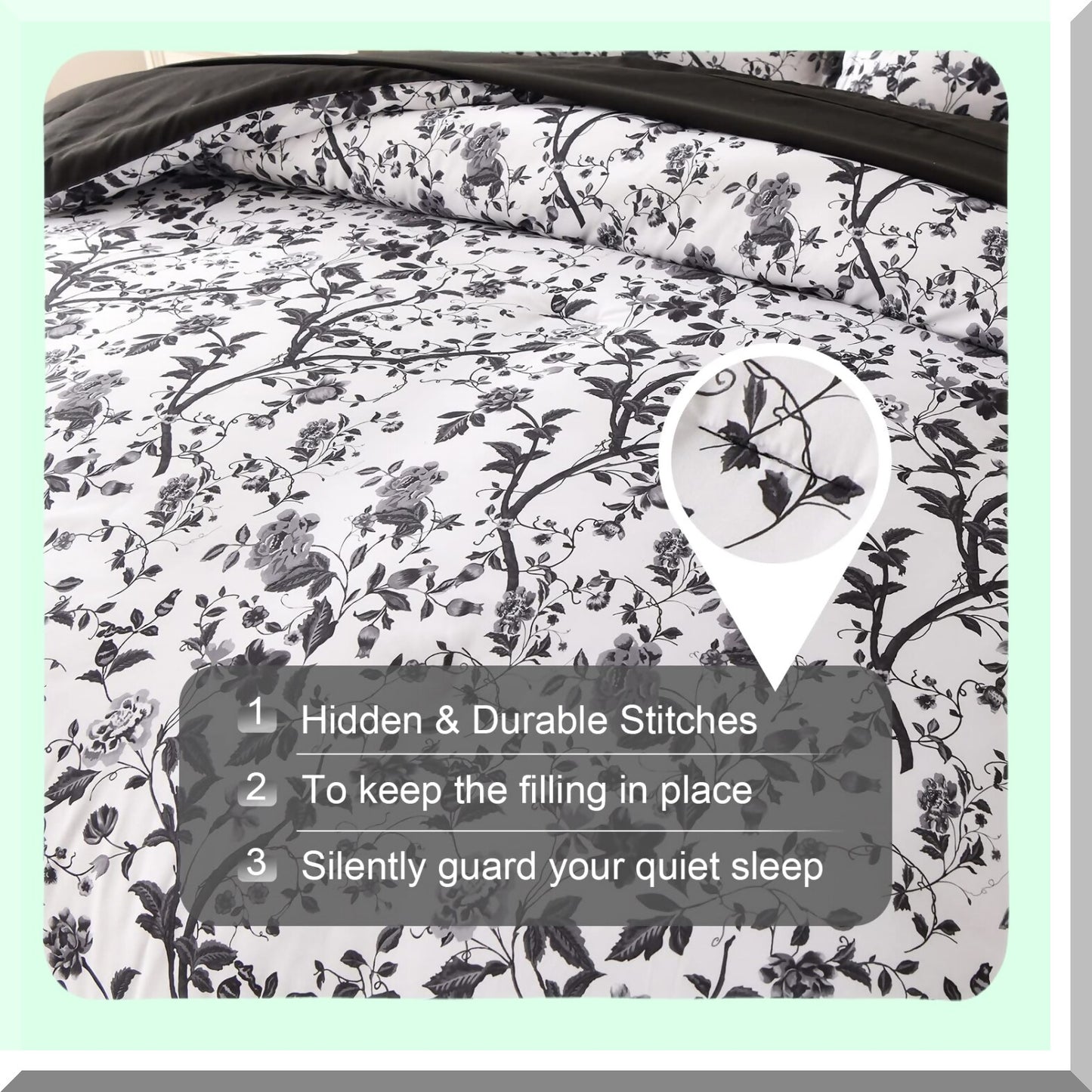 Luxury Floral Black Leaves Queen Bed Set - 7 Piece Soft Microfiber Comforter Set with Sheets, All Seasons Spring Queen Comforter Set - White & Black