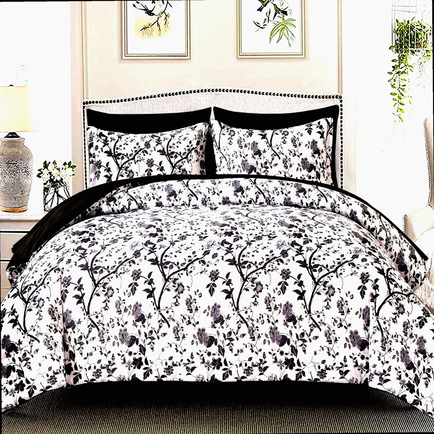 Luxury Floral Black Leaves Queen Bed Set - 7 Piece Soft Microfiber Comforter Set with Sheets, All Seasons Spring Queen Comforter Set - White & Black