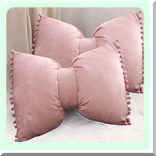 Pom Pom Velvet Lumbar Pillow Covers - Set of 2 Dusty Pink Cushion Cases for Bed Sofa Couch Bench Car - Decorative Throw Pillow Cases 14x20 Outdoor Bow