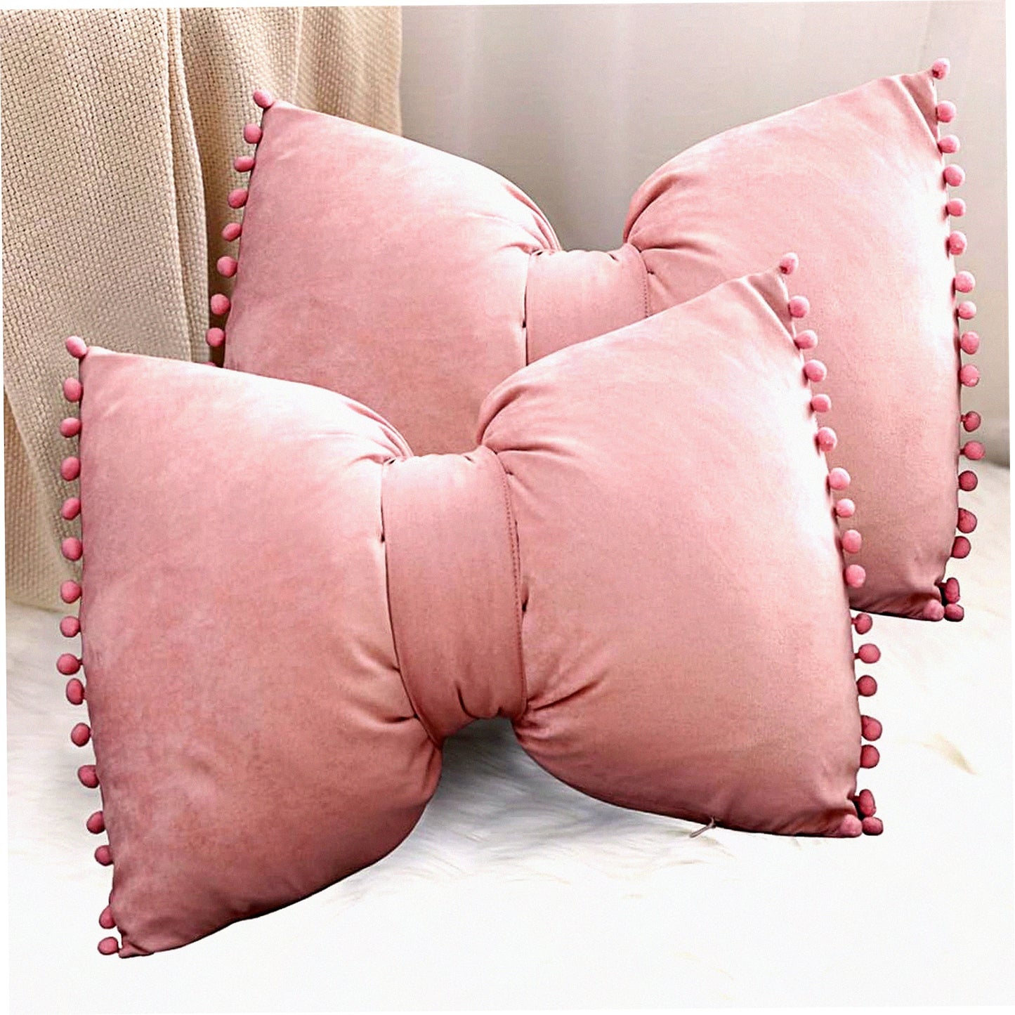 Pom Pom Velvet Lumbar Pillow Covers - Set of 2 Dusty Pink Cushion Cases for Bed Sofa Couch Bench Car - Decorative Throw Pillow Cases 14x20 Outdoor Bow